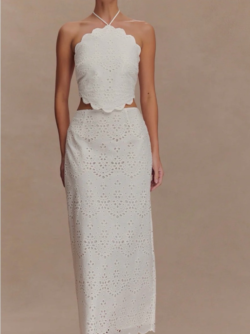 Meshki Kensley White Eyelet Halter Crop Top & Maxi Skirt Set